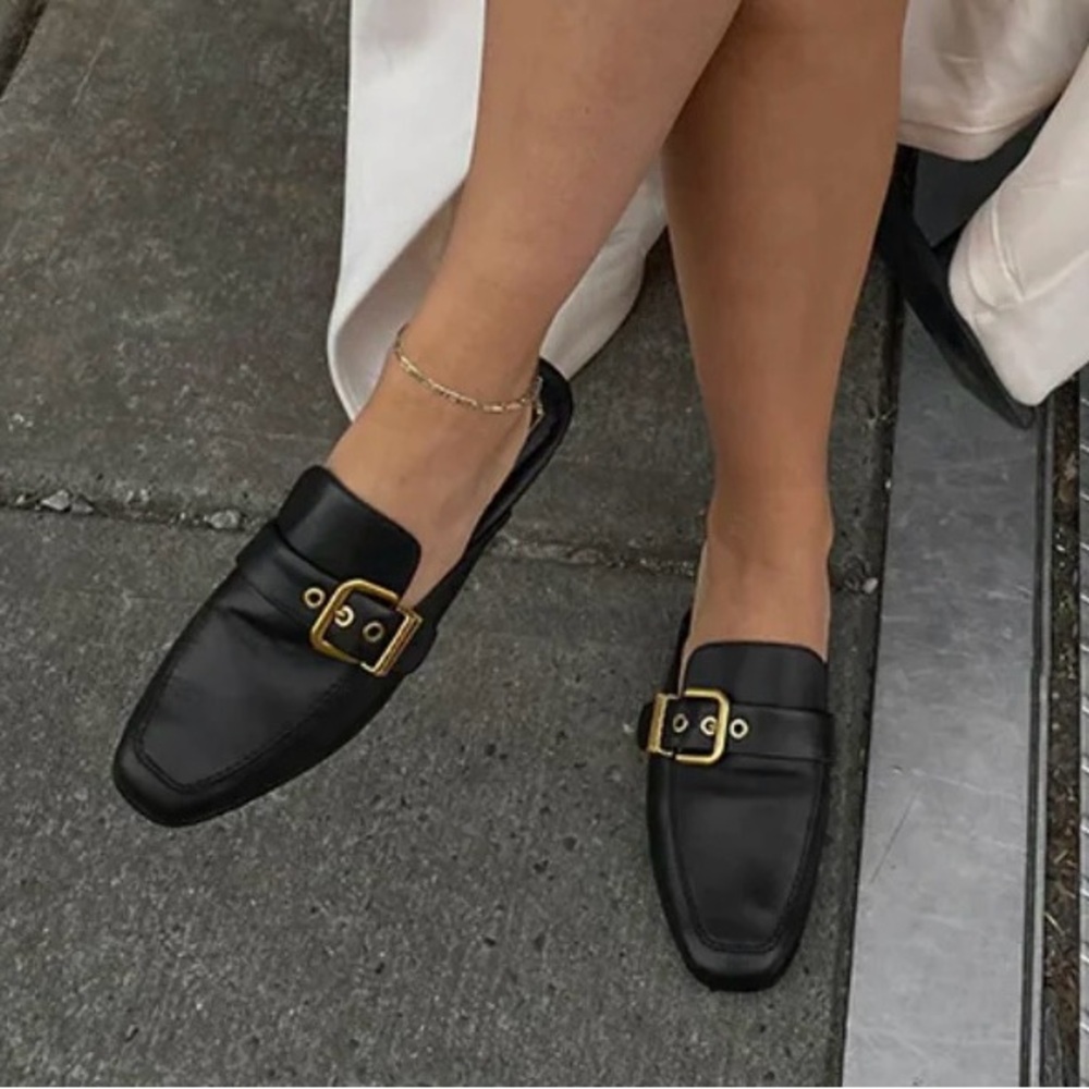 Dolce Vita Black Leather Mules with Gold Accent
